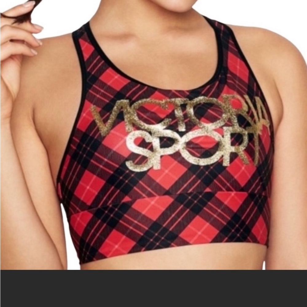 Victoria’s Secret Sport The Player Red Plaid Gold Glitter Racerback Sports Bra